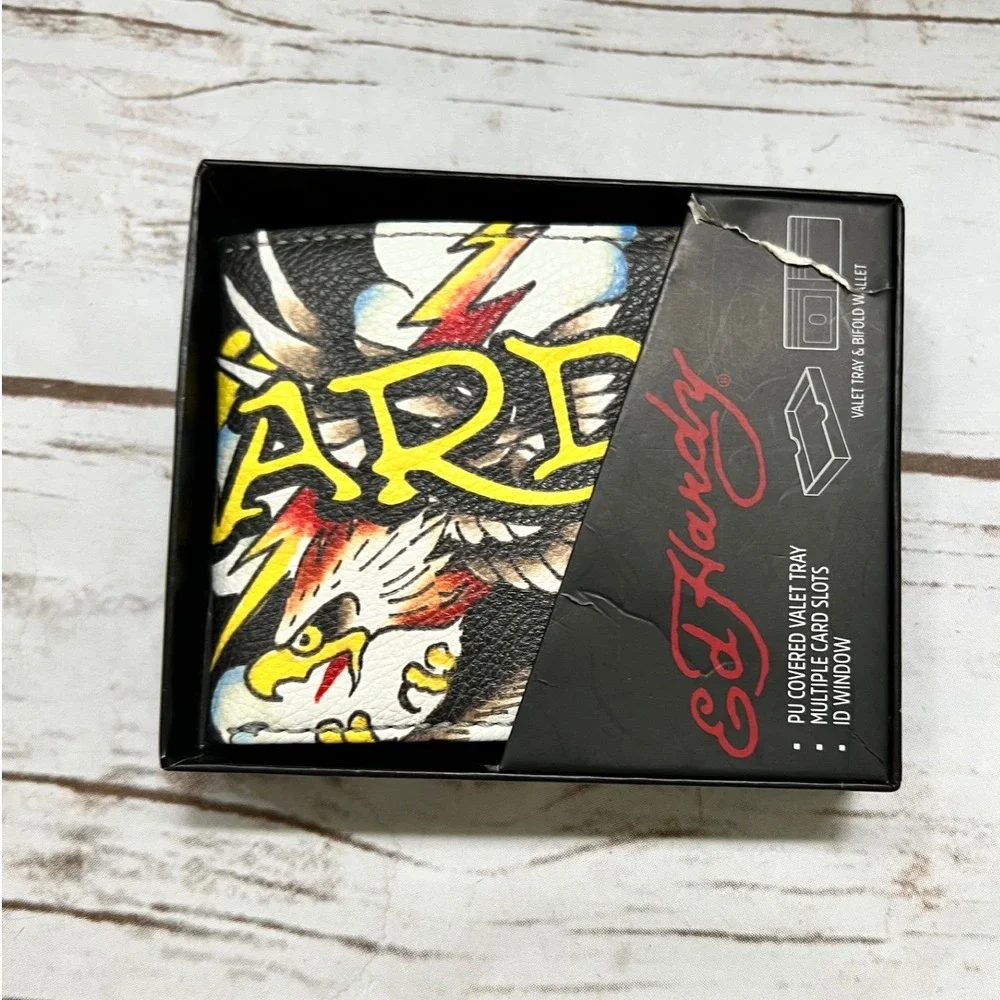 Ed Hardy Bifold Wallet Black Eagle Tattoo Graphic Valet Tray Set OS